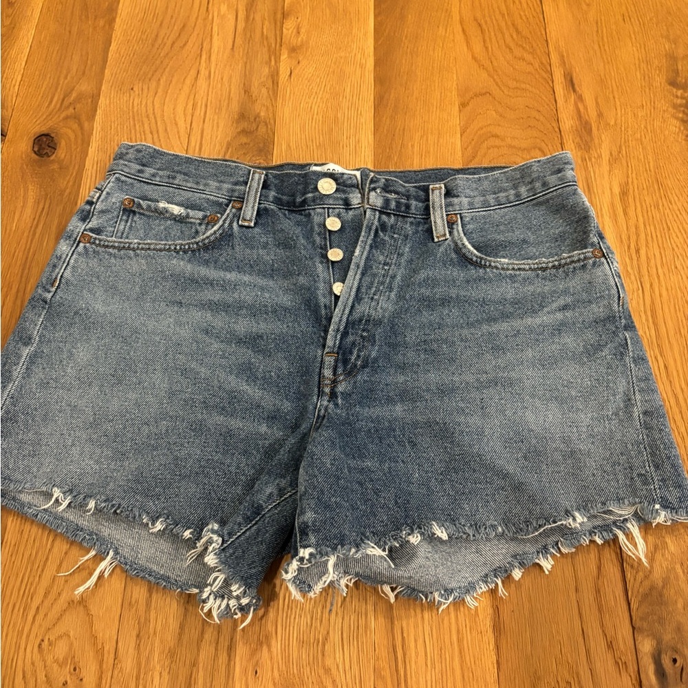 Agolde Blue High-Waisted Jean Shorts Frayed Hem